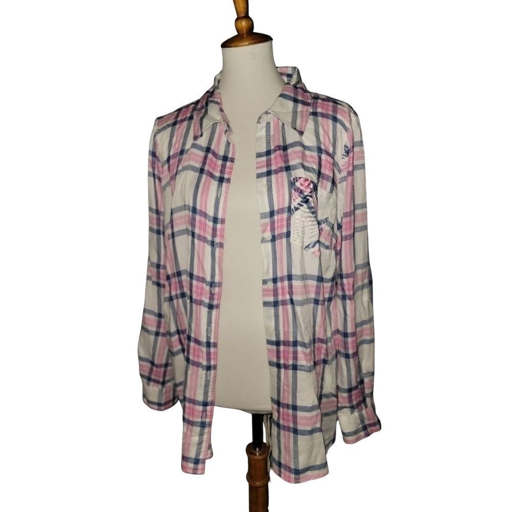 Ladies Style & Co 1X Pink Blue & White Plaid Flannel Button Down Shirt Blouse